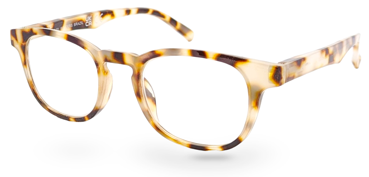 Eyelevel-UK Brazil reading glasses with a rounded square light tortoiseshell plastic frame and clear lenses.