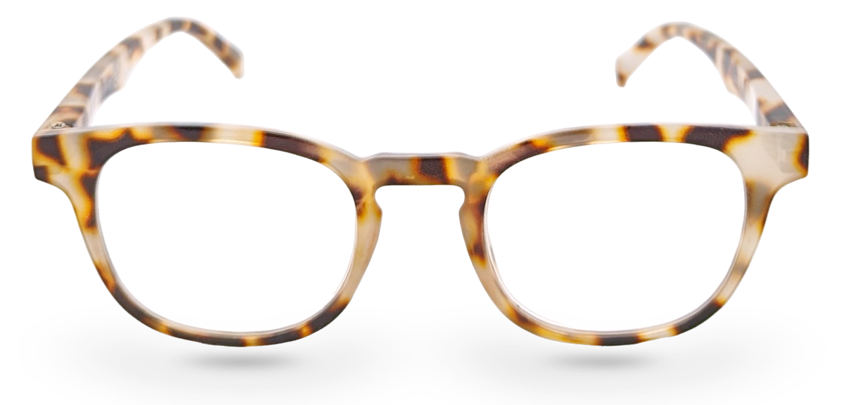 Eyelevel-UK Brazil reading glasses with a rounded light-tortoiseshell plastic frame and clear magnifying lenses.