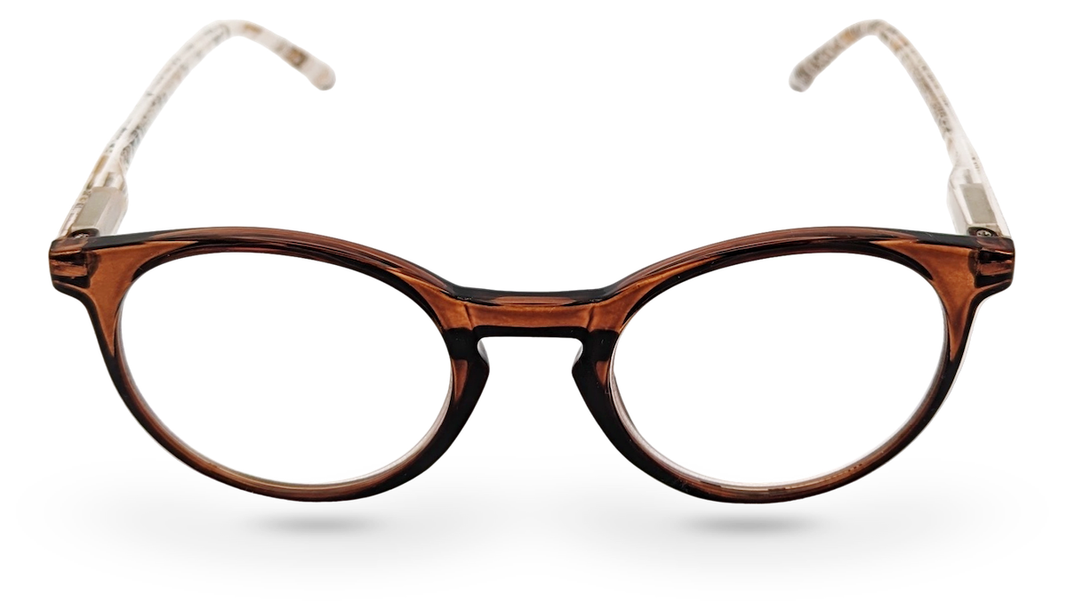 Eyelevel-UK Royal reading glasses with a brown animal print round plastic frame and clear magnifying lenses.