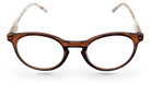 Eyelevel-UK Royal reading glasses with a brown animal print round plastic frame and clear magnifying lenses.