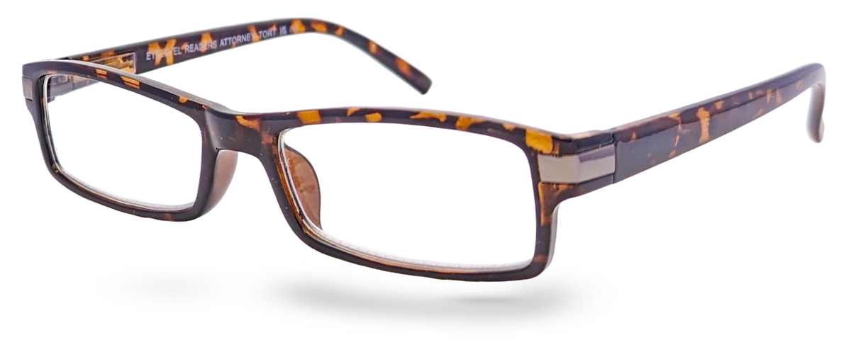 Eyelevel-UK Attorney Brown rectangular reading glasses with a classic tortoiseshell plastic frame.