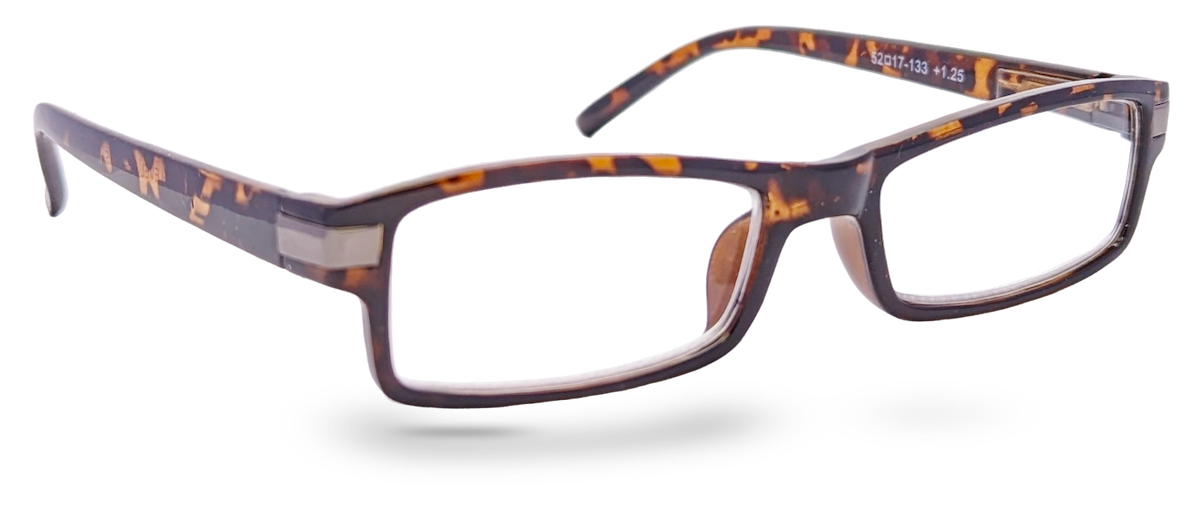 Eyelevel-UK Attorney brown reading glasses with a slim rectangular tortoiseshell plastic frame and clear lenses.