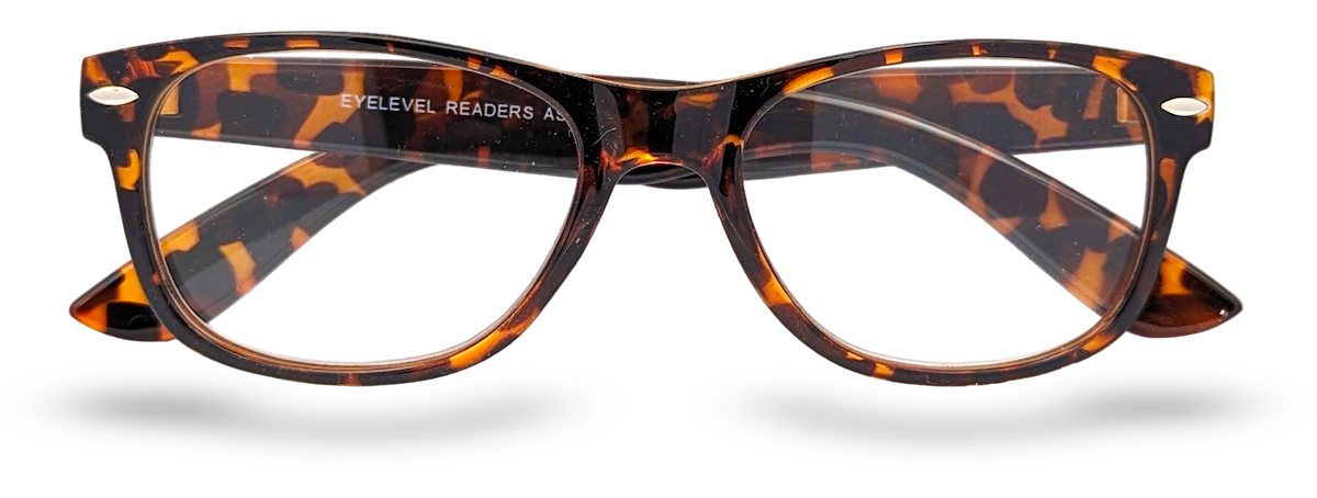 Eyelevel-UK Ashley Brown reading glasses with a rectangular tortoiseshell plastic frame and clear magnifying lenses.