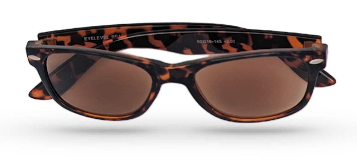 Eyelevel-UK brown tortoiseshell rectangular sun readers with tinted UV400 magnifying lenses.