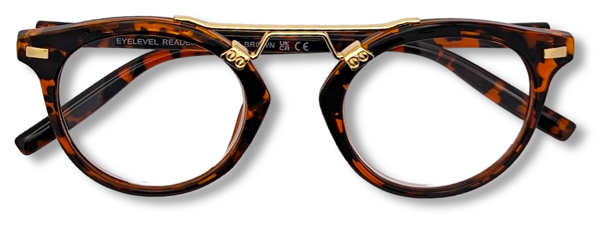 Eyelevel-UK Boston brown tortoiseshell round reading glasses with gold-tone metal bridge detailing