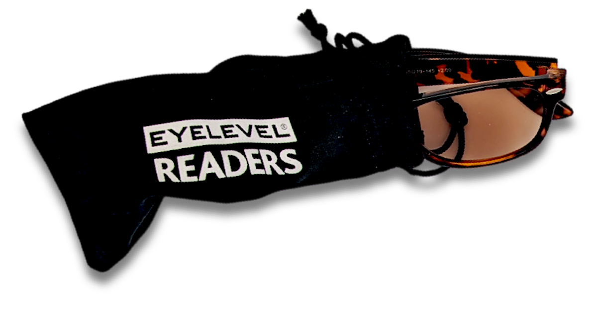 Eyelevel-UK brown tortoiseshell rectangular sun readers with tinted UV400 lenses in a black felt storage pouch.