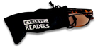 Eyelevel-UK brown tortoiseshell rectangular sun readers with tinted UV400 lenses in a black felt storage pouch.