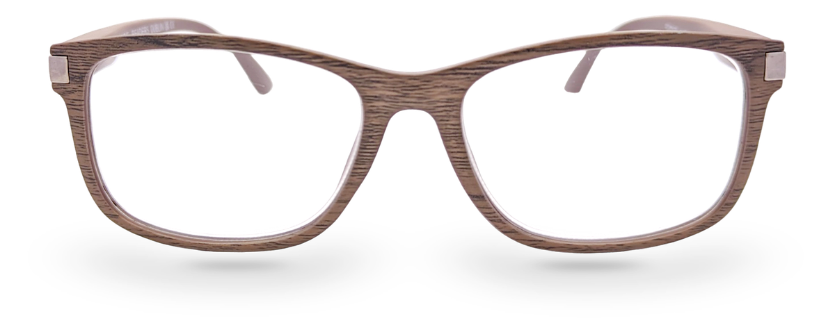 Eyelevel-UK Dublin reading glasses with a brown wood-effect square frame and clear magnifying lenses