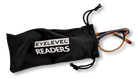 Eyelevel-UK Budapest reading glasses with tortoiseshell frames peeking out of a black branded drawstring pouch