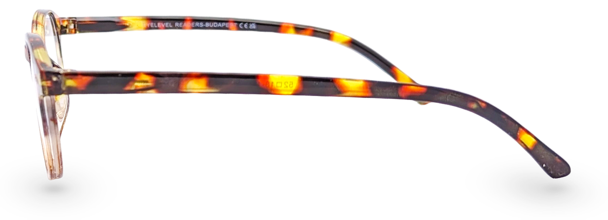 Eyelevel-UK Budapest reading glasses with a rounded brown tortoiseshell plastic frame, side profile view.