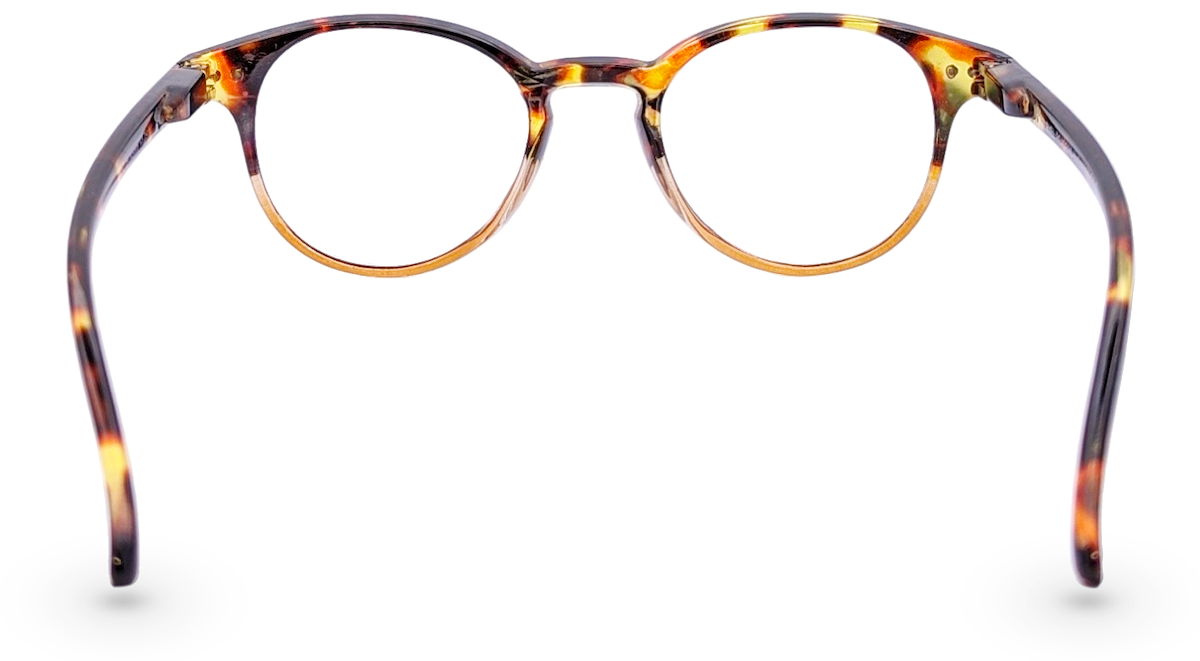 Eyelevel-UK Budapest round reading glasses with a brown tortoiseshell plastic frame, back view.
