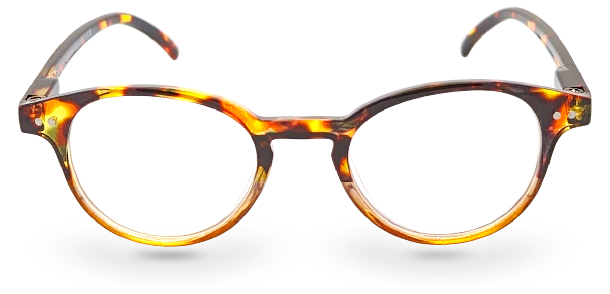 Eyelevel-UK Budapest reading glasses with a rounded brown tortoiseshell plastic frame and clear magnifying lenses.