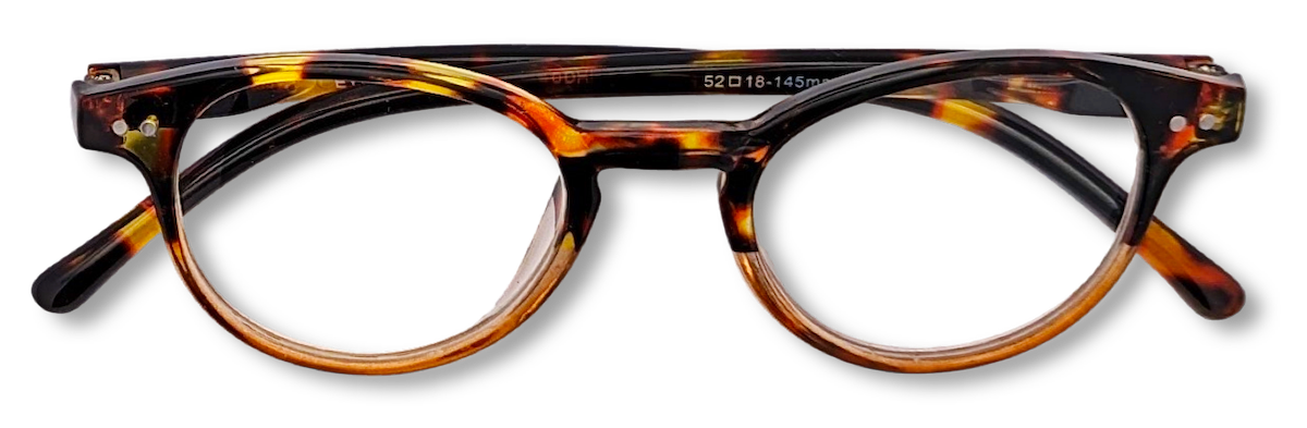 Eyelevel-UK Budapest reading glasses with a rounded brown tortoiseshell plastic frame and clear magnifying lenses.