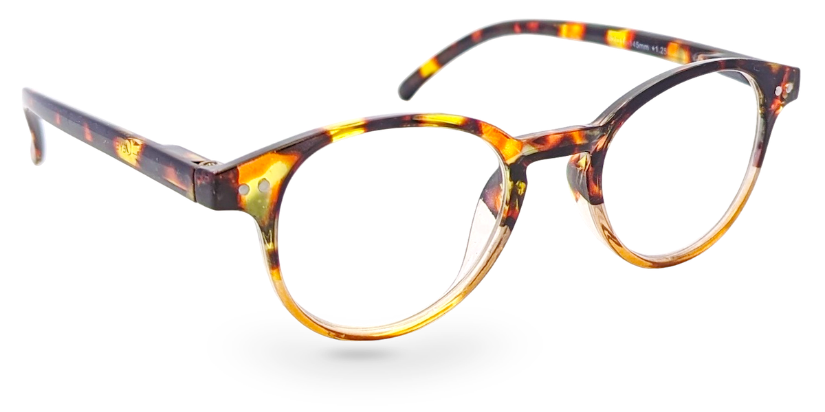 Eyelevel-UK Budapest reading glasses with a rounded brown tortoiseshell plastic frame and clear magnifying lenses.