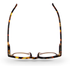 Eyelevel-UK Budapest reading glasses with a rounded brown tortoiseshell plastic frame, viewed from above.