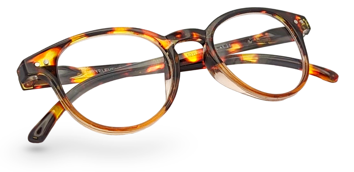 Eyelevel-UK Budapest reading glasses with a retro round brown tortoiseshell plastic frame and clear magnifying lenses