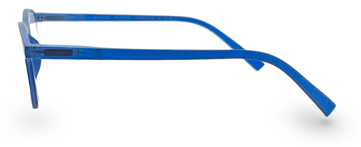 Eyelevel-UK Cambridge blue rectangular reading glasses with a translucent plastic frame, side profile view.