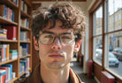 A young man wearing Eyelevel-UK Cambridge grey rectangular reading glasses in a library setting.