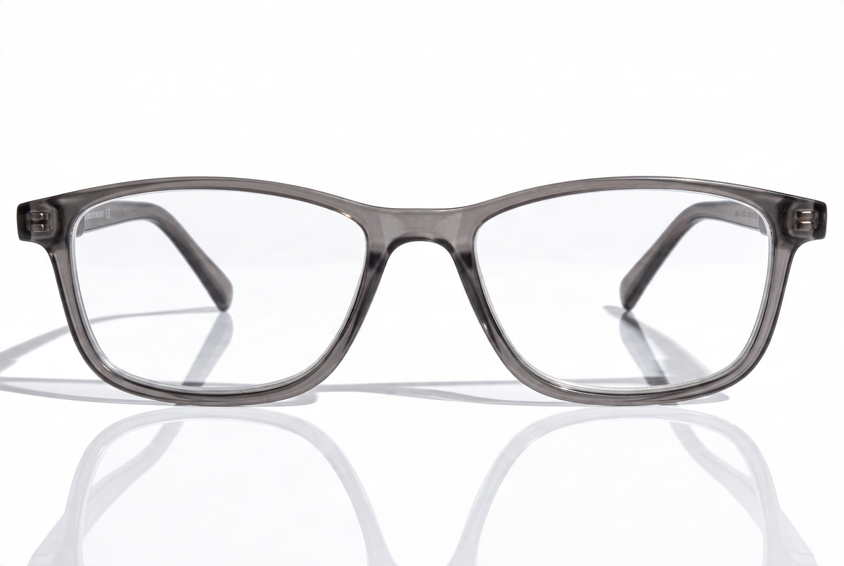 Eyelevel-UK Cambridge grey rectangular reading glasses with clear magnifying lenses and a classic plastic frame.