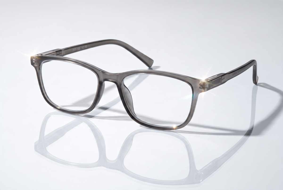 Eyelevel-UK Cambridge grey rectangular reading glasses with clear magnifying lenses on a reflective white surface