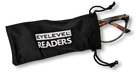 Eyelevel-UK Camden reading glasses with tortoiseshell frames tucked inside a black drawstring storage pouch
