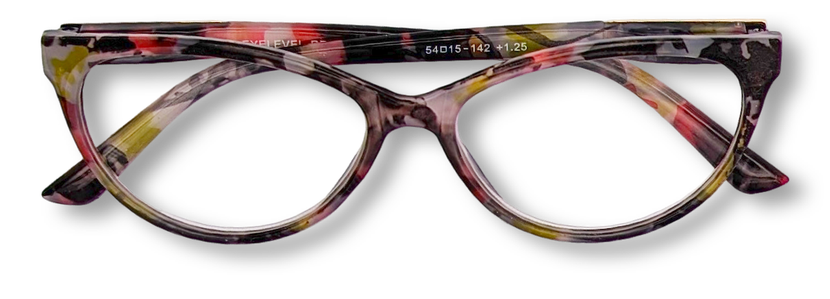 Eyelevel-UK Camden reading glasses with a colourful tortoiseshell rectangular frame and clear magnifying lenses