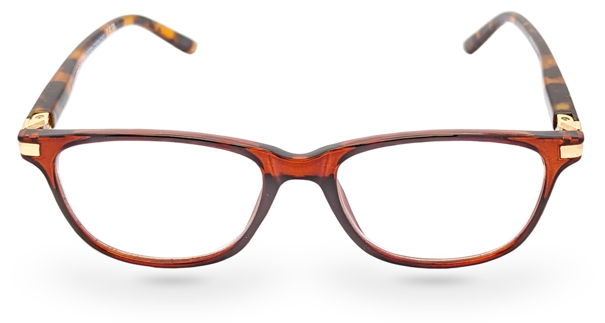 Eyelevel-UK Caracas reading glasses with a translucent brown and orange squared plastic frame and clear lenses.