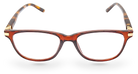 Eyelevel-UK Caracas reading glasses with a translucent brown and orange squared plastic frame and clear lenses.