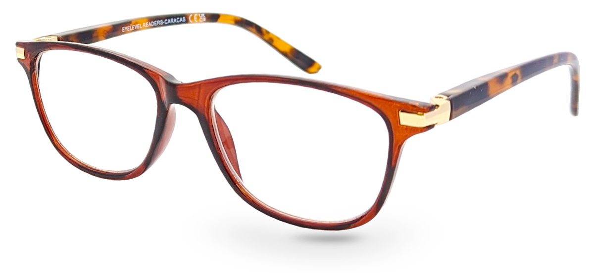 Eyelevel-UK Caracas reading glasses with a translucent brown and orange squared plastic frame and clear lenses.