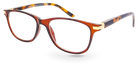 Eyelevel-UK Caracas reading glasses with a translucent brown and orange squared plastic frame and clear lenses.