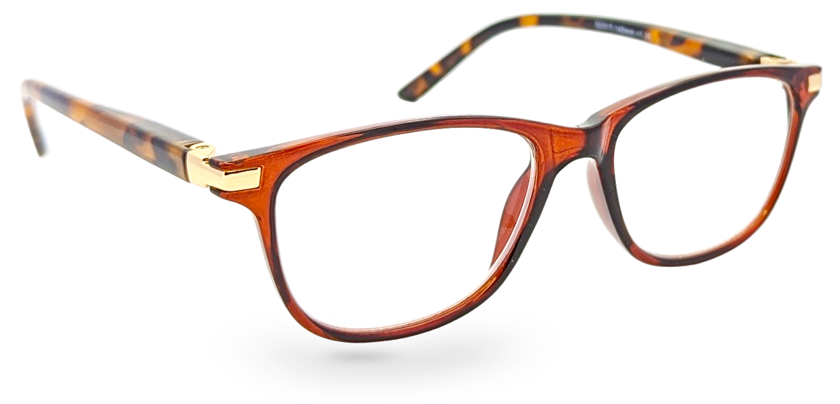 Eyelevel-UK Caracas reading glasses with a translucent brown and orange rounded square frame and gold-tone accents.