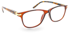 Eyelevel-UK Caracas reading glasses with a translucent brown and orange rounded square frame and gold-tone accents.