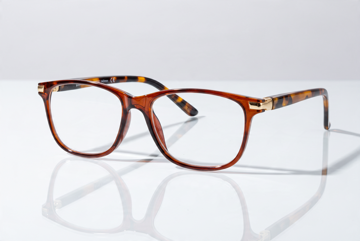 Eyelevel-UK Caracas reading glasses with a translucent brown and orange tortoiseshell rounded square plastic frame.