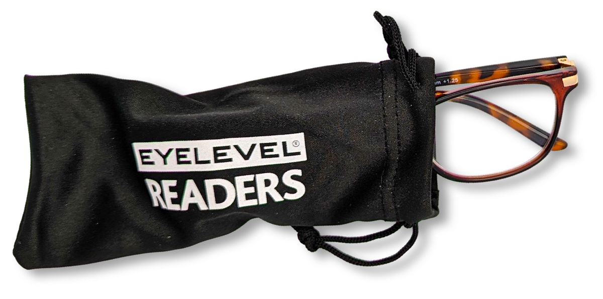 Eyelevel-UK Caracas reading glasses with brown and orange translucent frames inside a black branded drawstring pouch