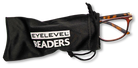 Eyelevel-UK Caracas reading glasses with brown and orange translucent frames inside a black branded drawstring pouch