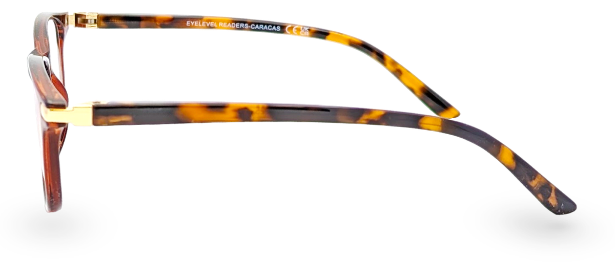 Eyelevel-UK Caracas reading glasses with a brown and orange tortoiseshell plastic frame, side profile view.