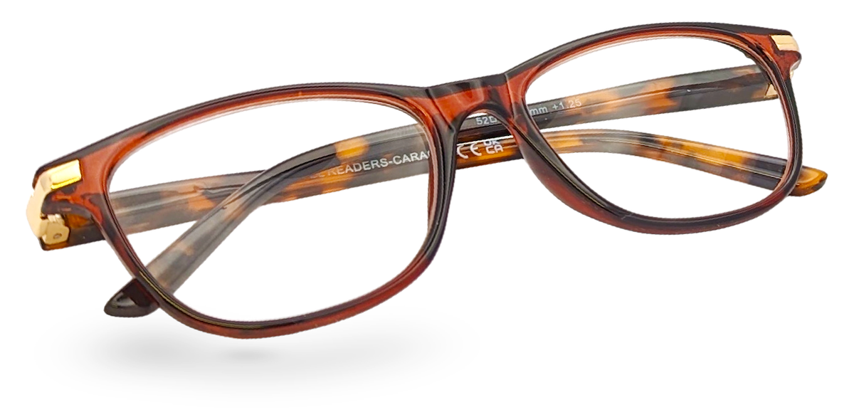 Eyelevel-UK Caracas reading glasses with a translucent brown and orange tortoiseshell squared frame and clear lenses.