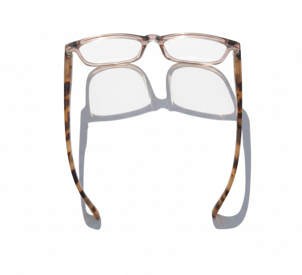 Eyelevel-UK Cayman reading glasses with pale-pink squared frames and tortoiseshell-patterned arms on white background