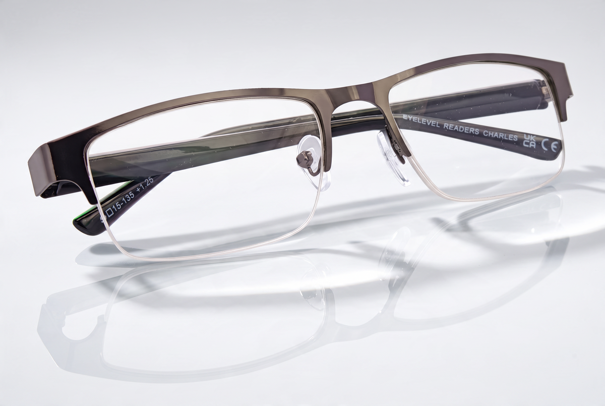 Eyelevel-UK Charles reading glasses with a bronze rectangular semi-rimless frame and clear magnifying lenses.