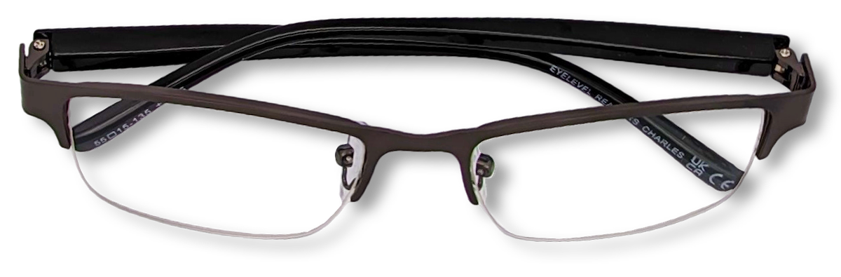 Eyelevel-UK Charles reading glasses with a bronze semi-rimless rectangular frame and clear magnifying lenses.