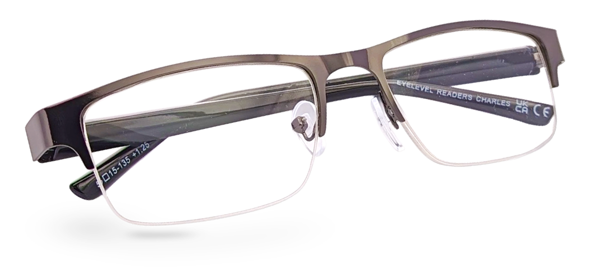 Eyelevel-UK Charles reading glasses with a bronze semi-rimless rectangular frame and clear magnifying lenses