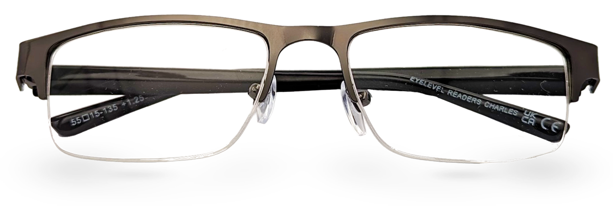 Eyelevel-UK Charles reading glasses with a bronze rectangular semi-rimless frame and clear magnifying lenses.