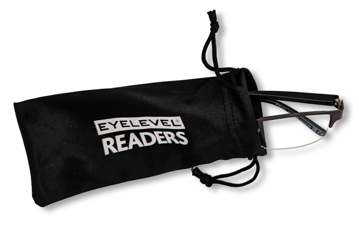 Eyelevel-UK Charles reading glasses partially inside a black branded drawstring storage pouch