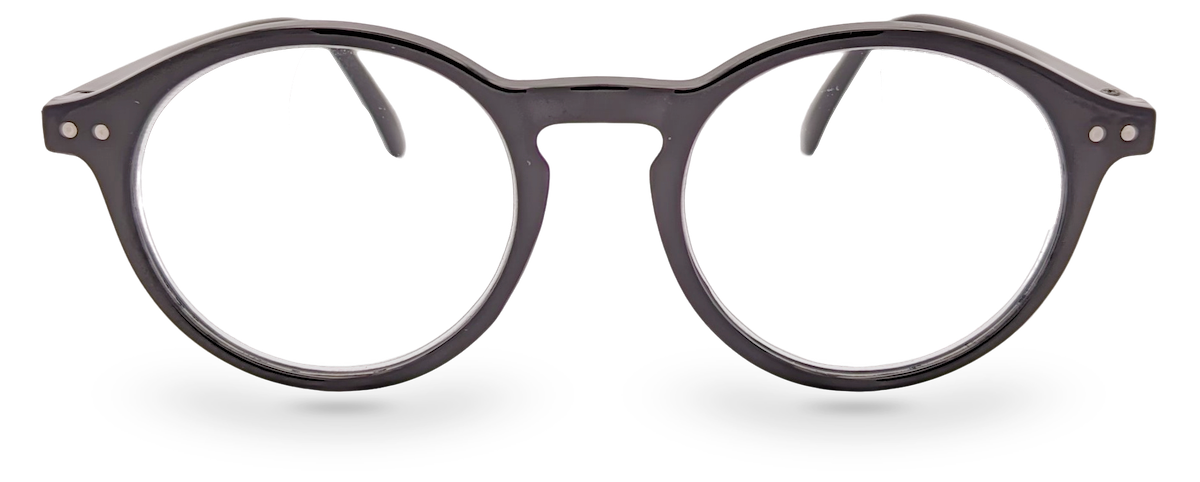 Eyelevel-UK Chelsea reading glasses with a classic black round plastic frame and clear magnifying lenses.