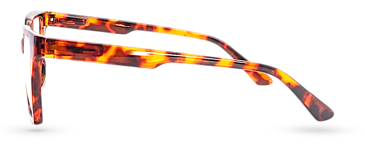 Eyelevel-UK Chile reading glasses with a brown tortoiseshell geometric frame in a side profile view.