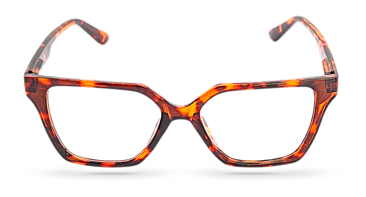 Eyelevel-UK Chile reading glasses with a brown tortoiseshell geometric plastic frame and clear magnifying lenses.