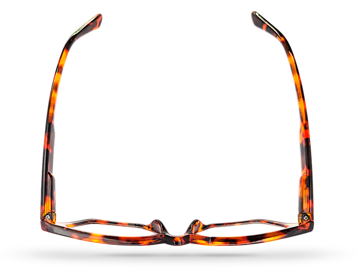 Eyelevel-UK Chile reading glasses with a brown tortoiseshell geometric frame, seen from a top-down perspective.