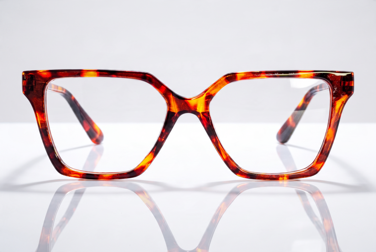 Eyelevel-UK Chile reading glasses with a brown tortoiseshell geometric frame and clear magnifying lenses.