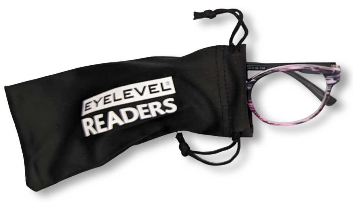 Eyelevel-UK Cordoba reading glasses with purple squared frames peeking out of a black drawstring storage pouch.