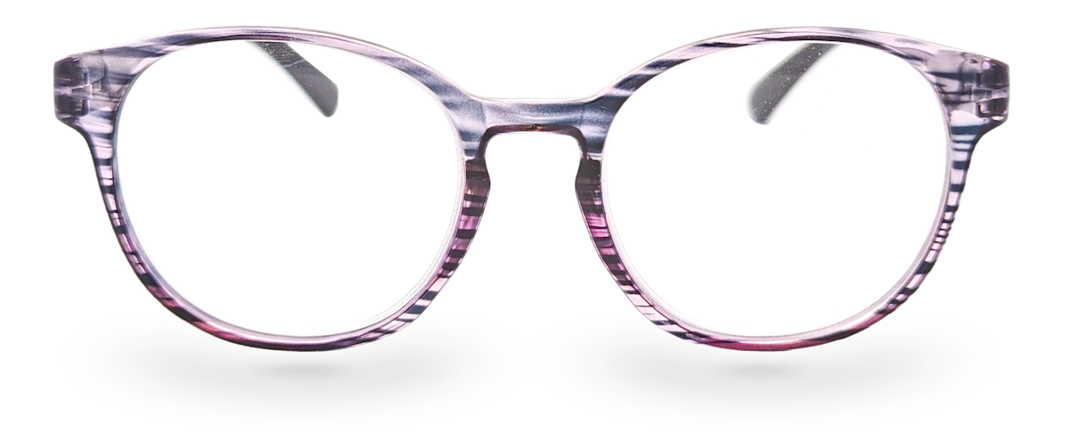 Eyelevel-UK Cordoba reading glasses with a purple softly squared plastic frame and clear magnifying lenses.